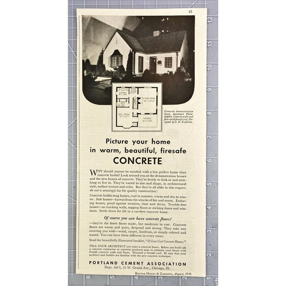 Portland Cement Assoc. "Picture your home in Concrete" Vintage Print Ad 1936 - Picture 2 of 3